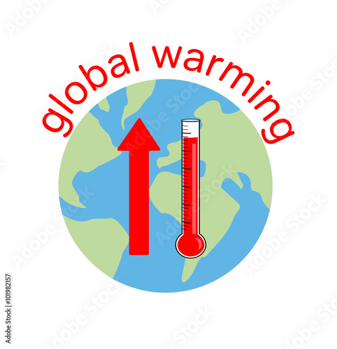 Vector image of a globe, thermometer, an upwards arrow and the words global warming