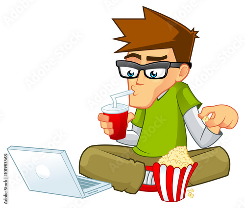 Illustration of a geek boy watch the movie on his laptop.
