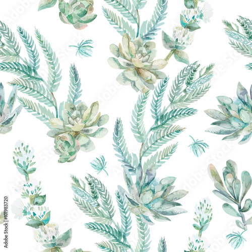 Vector floral seamless pattern. Succulents, ferns, thorns. 