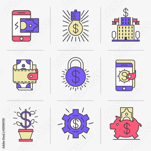 Set of vector icons into flat style. Mobile commerce, online payment, receipt of payments, banking, monetary transactions. Isolated Objects in a Modern Style for Your Design.