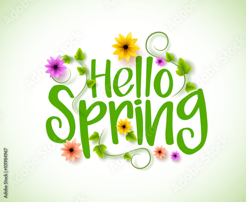 Hello Spring Vector Design with 3D Realistic Fresh Plants and Flowers Elements for Spring Season. Vector Illustration
