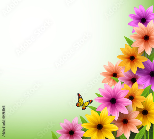 3D Realistic Vector of Colorful Flowers Background for Spring Season with Space for Message. Vector Illustration
