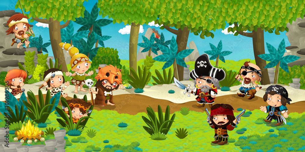 Φωτογραφία Cartoon illustration - pirates on the wild island - illustration for the childre