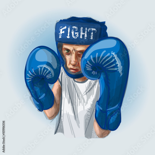 Young boxer with blue boxing gloves and blue helmet fighting