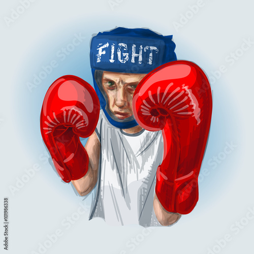 Young boxer with red boxing gloves and blue helmet fighting