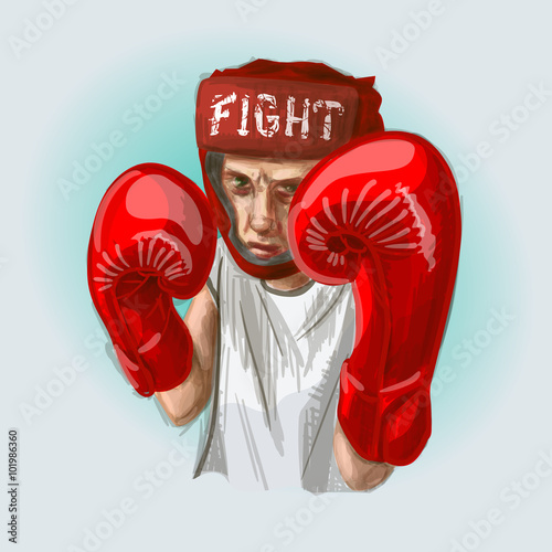 Young boxer with red boxing gloves and red helmet fighting