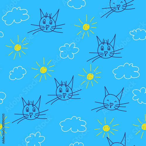 Hand drawn doodle seamless pattern background with funny cats, sun and clouds © vanillamilk