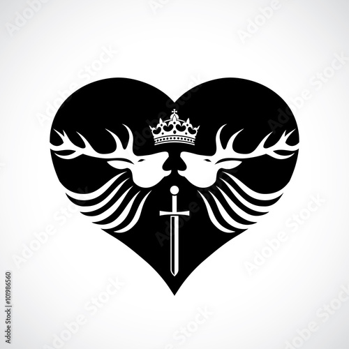 Heart shaped coat of arms with deers, crown and sword 