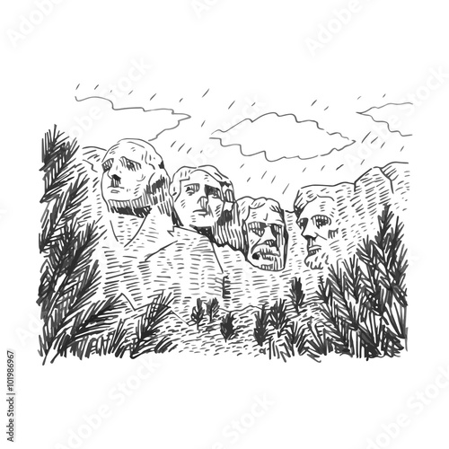 Mount Rushmore National Memorial, South Dakota, USA. Vector hand drawn sketch.