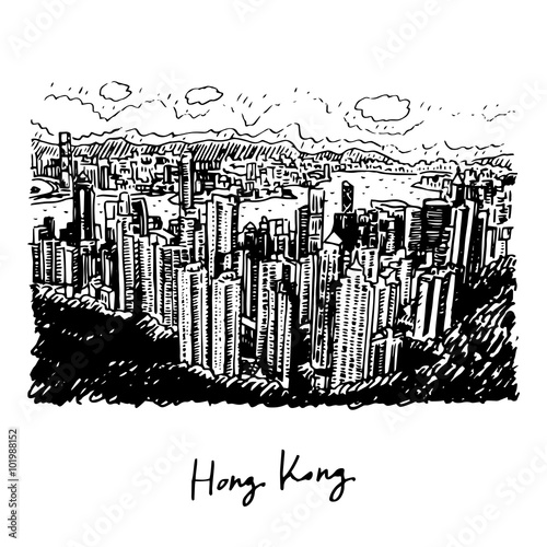 Hong Kong skyline. View from Victoria Peak. Vector freehand sketch.