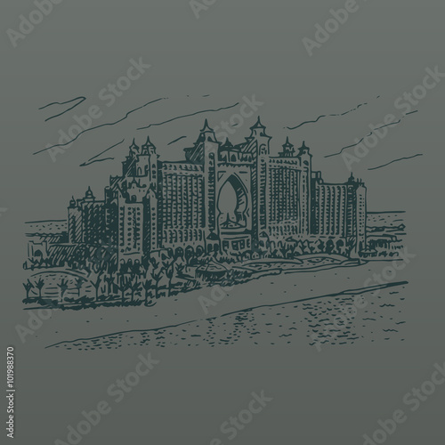 Hotel Atlantis, The Palm, Dubai, UAE. Vector hand drawn sketch.