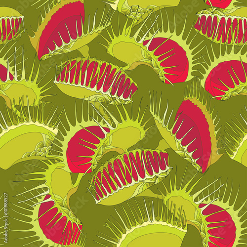 Seamless pattern with Venus Flytrap or Dionaea muscipula on the dark green background. Background with carnivorous plants in contour style.