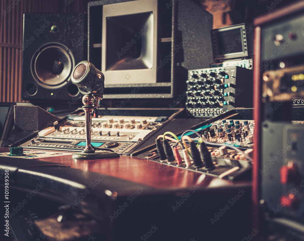 Fotografie Close-up of boutique recording studio control desk.
