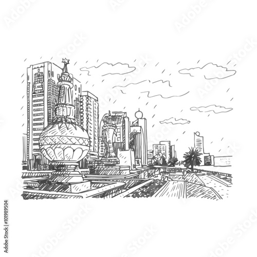 Street view in Abu Dhabi  United Arab Emirates. Vector hand drawn sketch