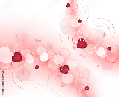 Valentines day vector background with hearts and spiral floral pattern. Design for your greeting card.