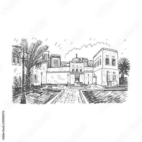 The Qasr al-Hosn  also known as the White Fort. The oldest stone building in Abu Dhabi  United Arab Emirates. Vector hand drawn sketch
