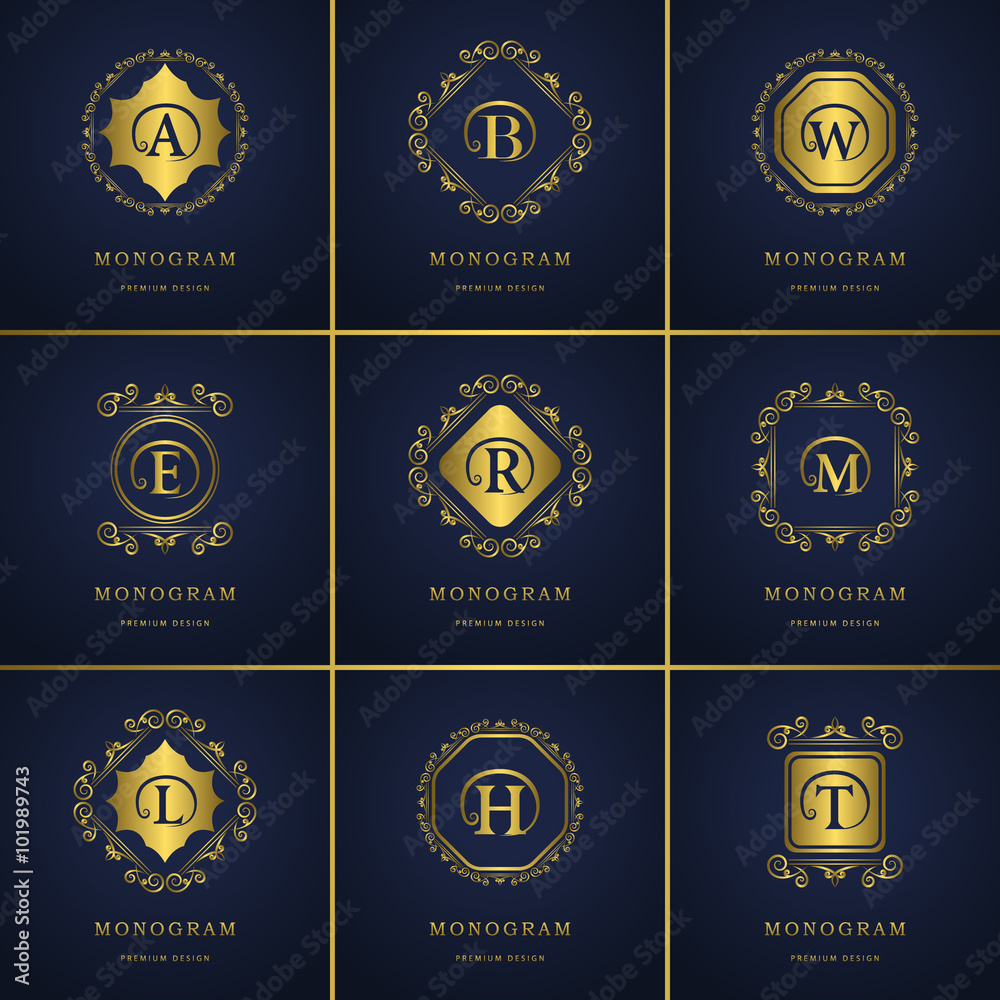 Monogram design elements, graceful template. Calligraphic elegant line art  logo design. Letter emblem B, A, E, T, R, L, H, W, M for Royalty, business  card, Boutique, Hotel, Heraldic, Jewelry. Vector Stock