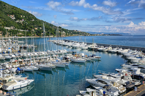 White yachts docked in port of Alassio on Riviera, Italy