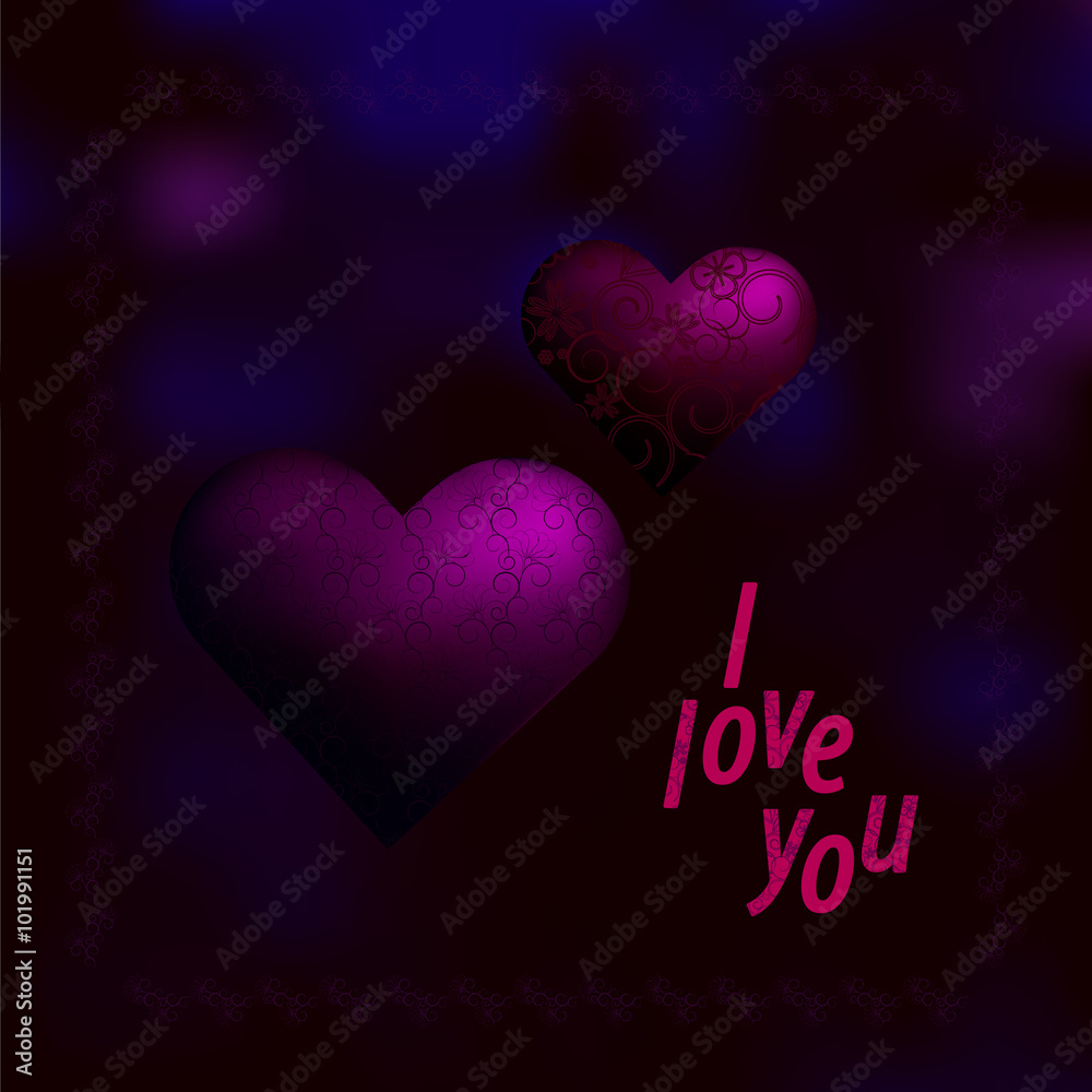 hearts with a floral pattern on a dark purple blurry background