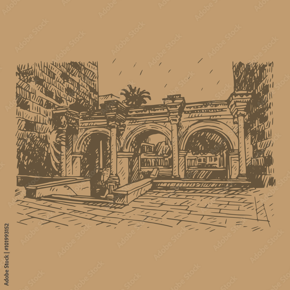 Hadrian's Gate in old city of Antalya, Turkey. Vector freehand pencil sketch.