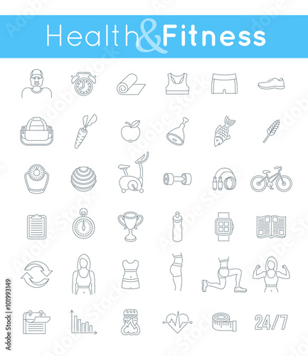 Fitness gym and healthy lifestyle flat thin line vector icons. Diet nutrition, shaping workout, fitness gear, personal trainer, sport clothes infographic elements. Exercises for female body muscles