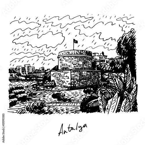 Hidirlik Tower, the historic town of Antalya, Turkey. Vector freehand pencil sketch.