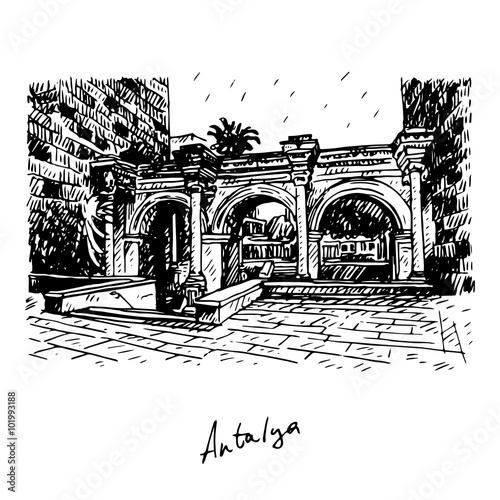 Hadrian's Gate in old city of Antalya, Turkey. Vector freehand pencil sketch.