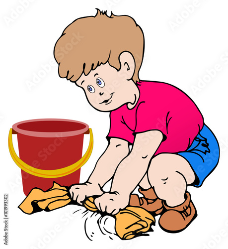 Boy cleaning the floor with a rag illustration