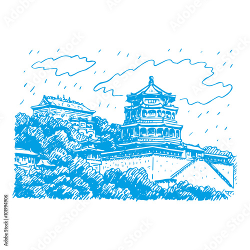 The Summer Palace in Beijing, China. Vector freehand pencil sketch.