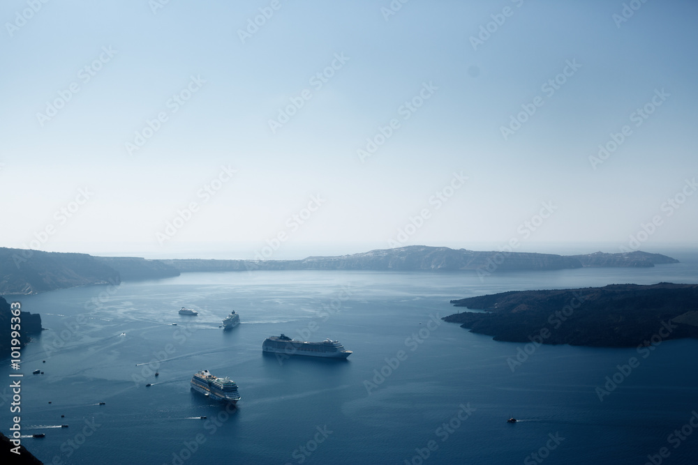 Beautiful landscape view of sea with ships and islands in Santor Beautiful landscape view of sea with ships and islands in Santor