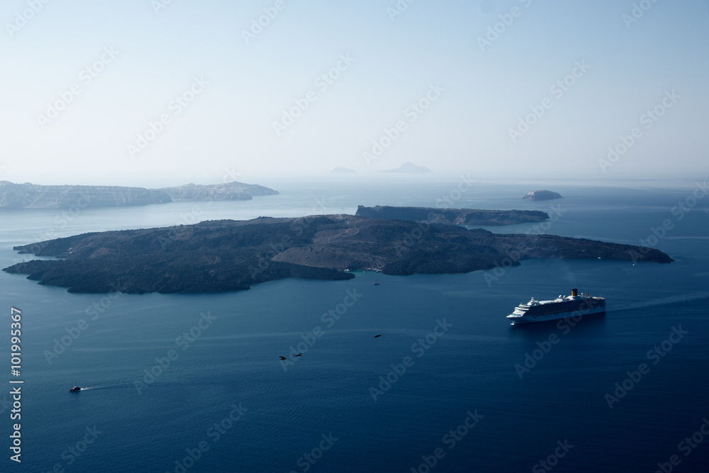 Beautiful landscape view of sea with ships and islands in Santor