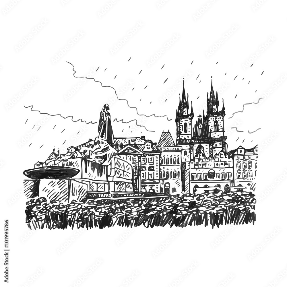 Monument of Jan Hus and Tyn Cathedral of the Virgin Mary. Old town square in Prague, Czech Republic. Vector hand drawn sketch.