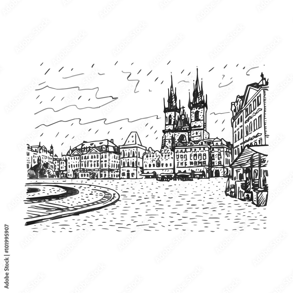 Old Town Square, Church of Our Lady before Tyn, Prague, Czech Republic. Vector hand drawn sketch.