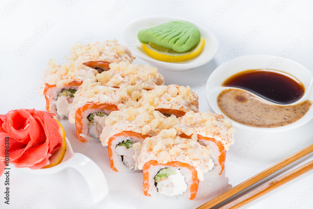 Japanese sushi salmon and crab meat with sauce (shallow DOF). gi