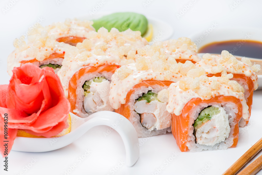 Japanese sushi salmon and crab meat with sauce (shallow DOF)