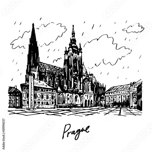 St. Vitus Cathedral in Prague, Czech Republic. Vector hand drawn sketch.