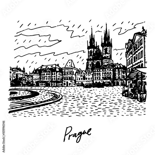 Old Town Square, Church of Our Lady before Tyn, Prague, Czech Republic. Vector hand drawn sketch.
