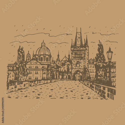 View from Charles Bridge, Prague, Czech Republic. Vector hand drawn sketch.