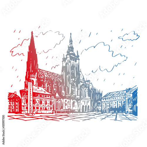 St. Vitus Cathedral in Prague, Czech Republic. Vector hand drawn sketch.