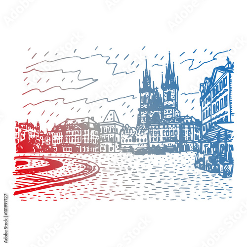 Old Town Square, Church of Our Lady before Tyn, Prague, Czech Republic. Vector hand drawn sketch.