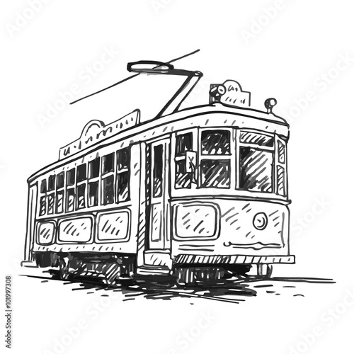 Retro tram. Picture of vintage transport. Old times. Vector hand drawn sketch.