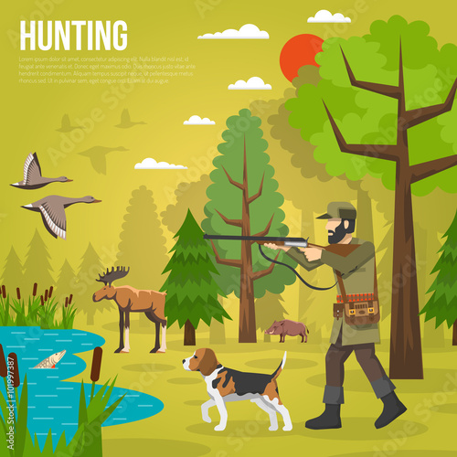 Flat Icons With Hunter Aiming At Ducks