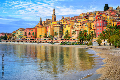 Colorful medieval town Menton on Riviera, Mediterranean sea, Fra photo