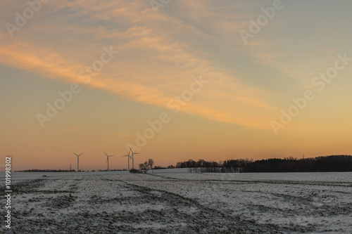 Sunset over Field with WInd Turbines