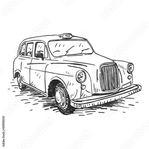 Retro taxi. Vintage transport. Old times. Vector hand drawn sketch.