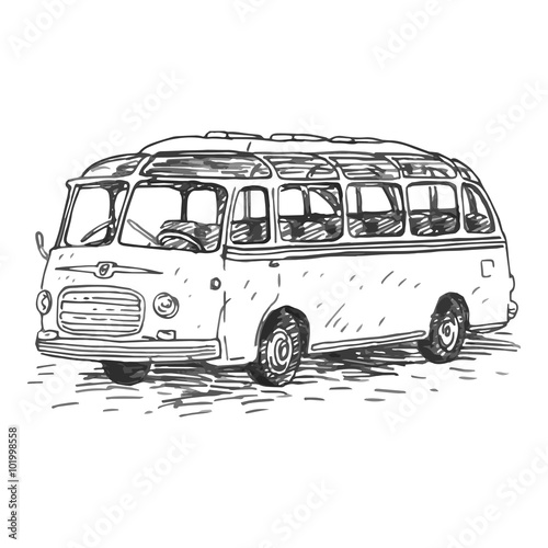 Retro bus. Picture of vintage transport. Old times. Vector hand drawn sketch.