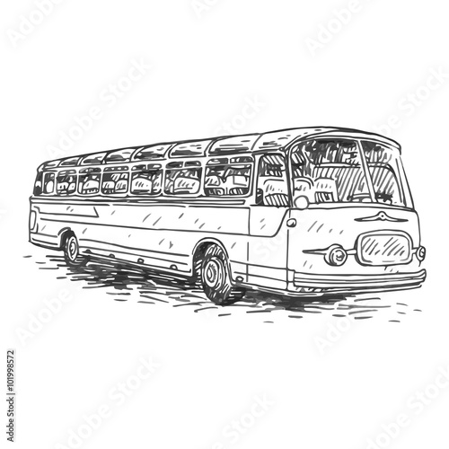 Retro bus. Picture of vintage transport. Old times. Vector hand drawn sketch.