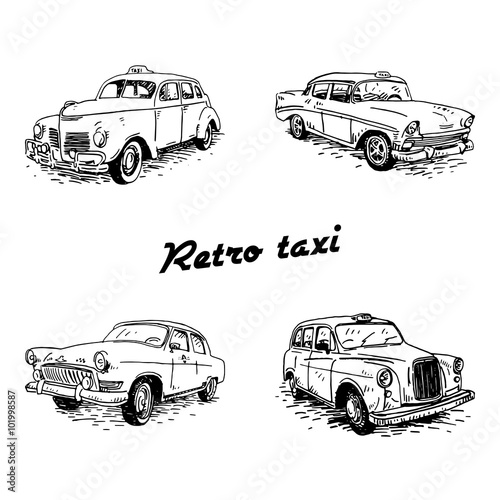 Set of vintage taxi. Retro transport. Old times. Vector hand drawn sketch.
