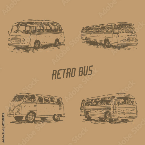Set of vintage buses. Retro transport. Old times. Vector hand drawn sketch.