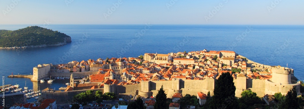 Panoramic view of the walled city, Dubrovnik Croatia, in morning light.